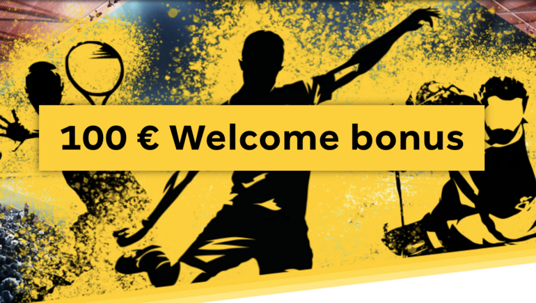 Ein Fußballspieler, der einen Ball auf gelbem Hintergrund mit einem Willkommensbonustext von 100 € schlägt